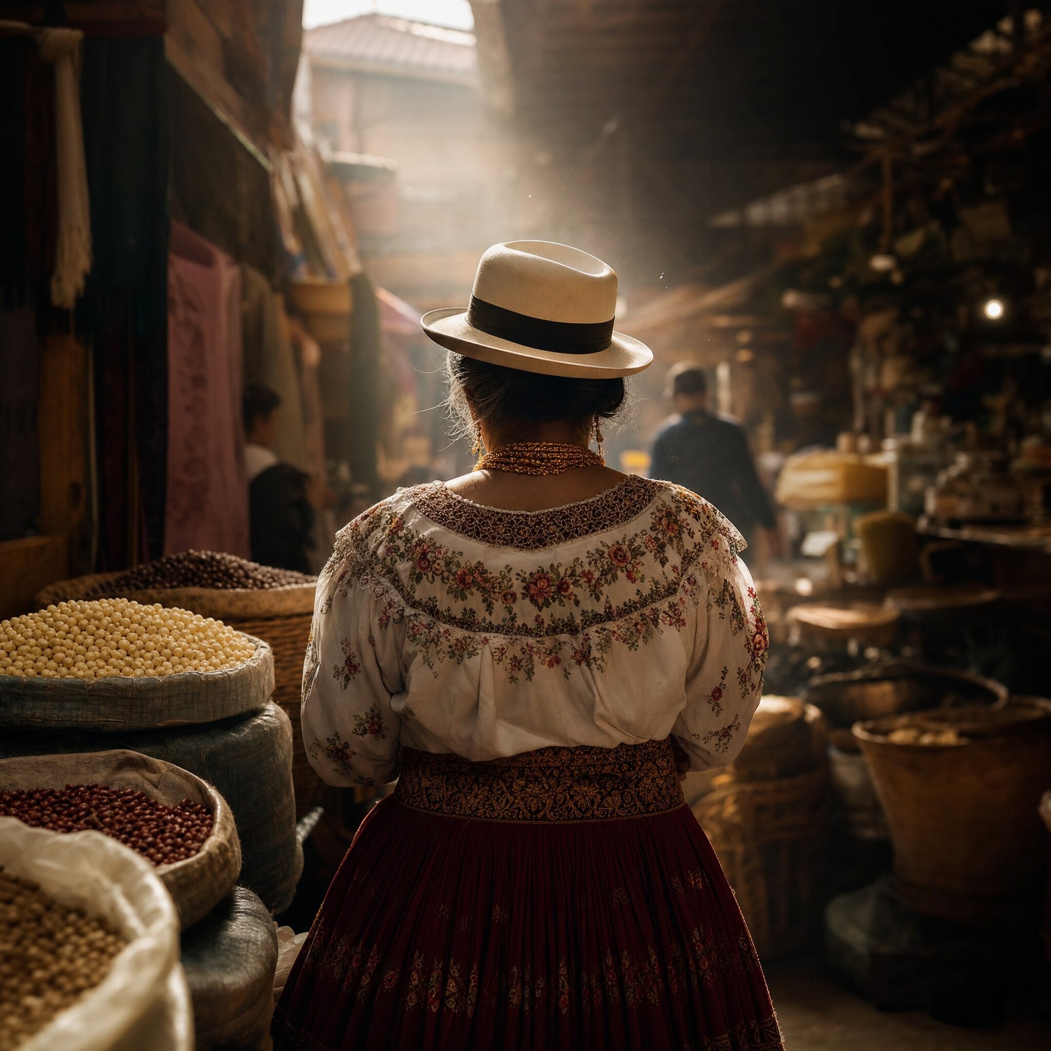 Ecuadorian market, indigenous vendor with paja-toquilla hat seen from behind